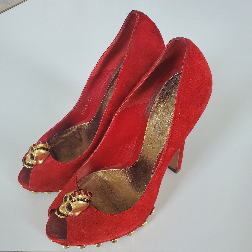 Alexander McQueen red suede skull peeptoe platform